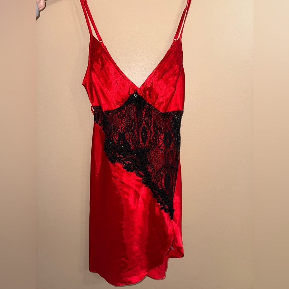 Vintage Y2K Red Slip Dress With Bead Embroidered Lace